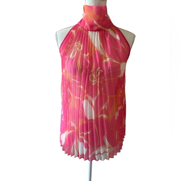 Milly Pink Orange Pleated Halter Blouse Silk Resort Vacation Luxe Top Size P - Picture 2 of 9